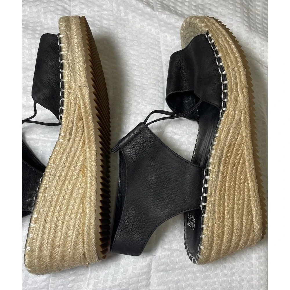 Eileen Fisher Agnes Black Suede Espadrille Wedge Sandals Women's 9.5